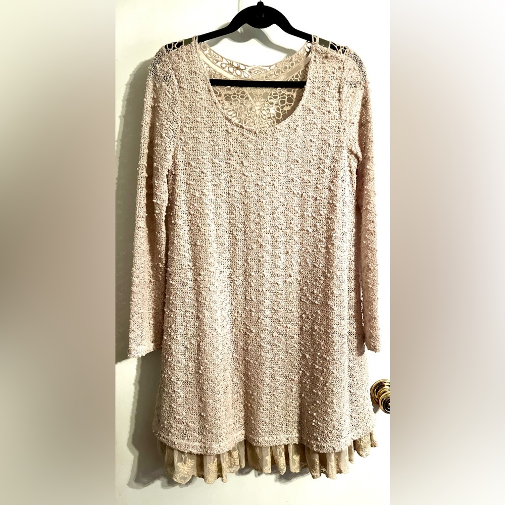 Altar'd State Long Sleeve Crochet Sweater Dress with Lace Hem-Size M